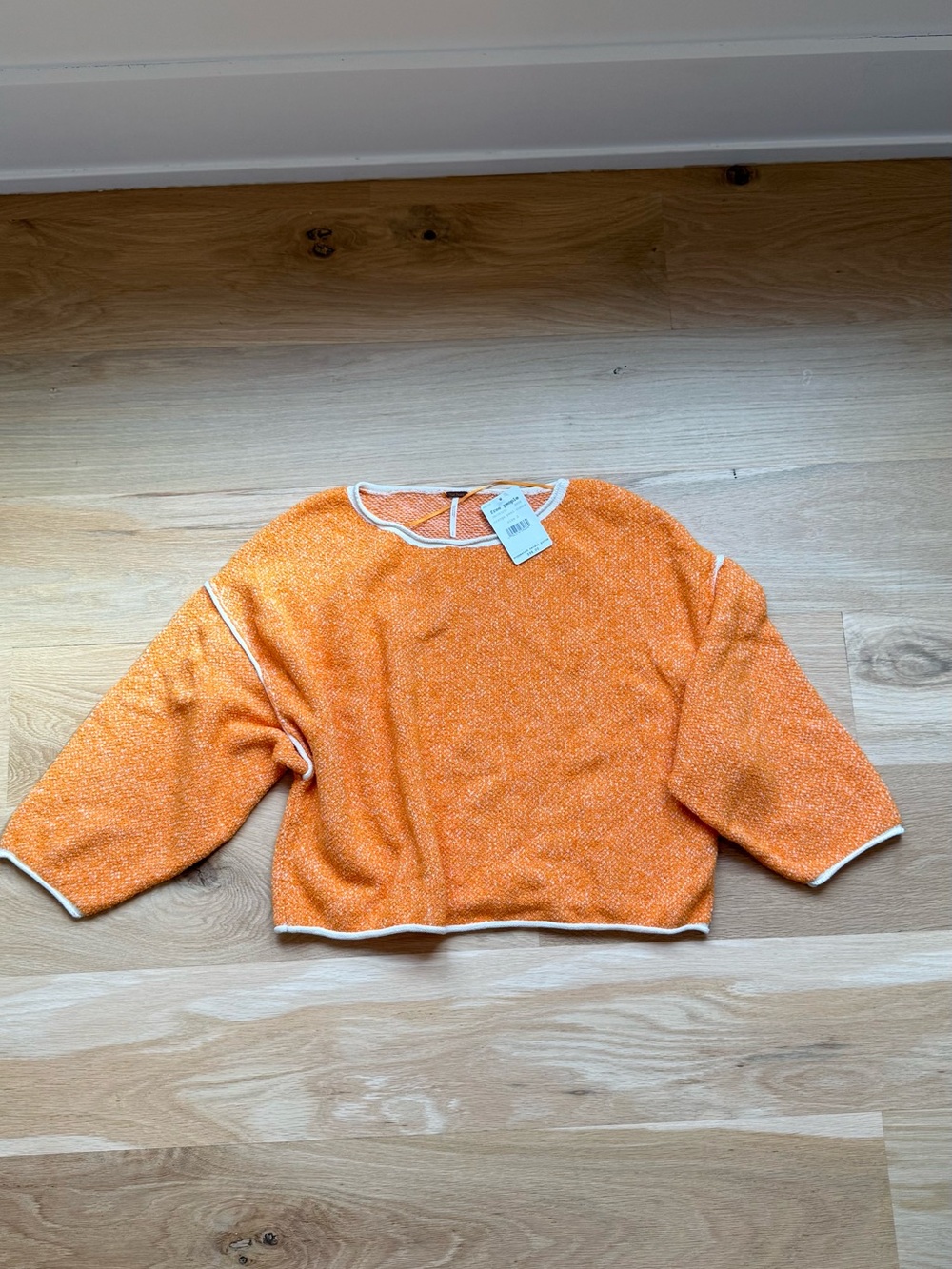 Free People Orange Cropped Crewneck Sweater with Contrast Trim runs large